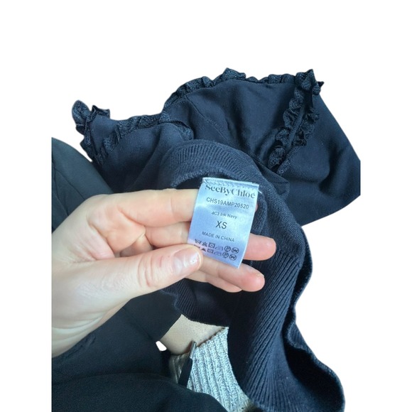 See By Chloe Dark Navy Lace Trim Ruffle Sleeve Crew Neck Sweater XS - Picture 8 of 8